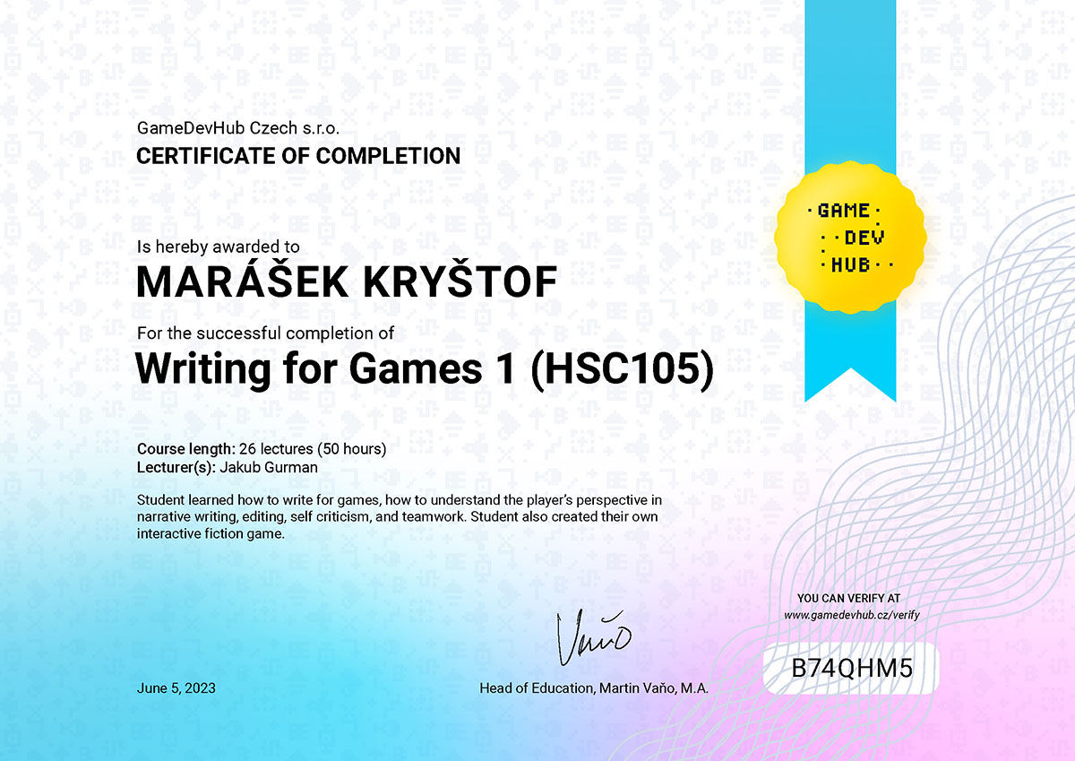 Certificate for "Writing for Games"